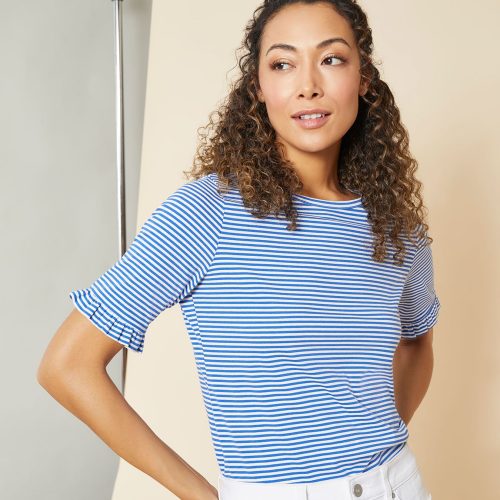 Ruffle Trim Sleeve Tee in the Color Light Sapphire/NYC White | Jones New York