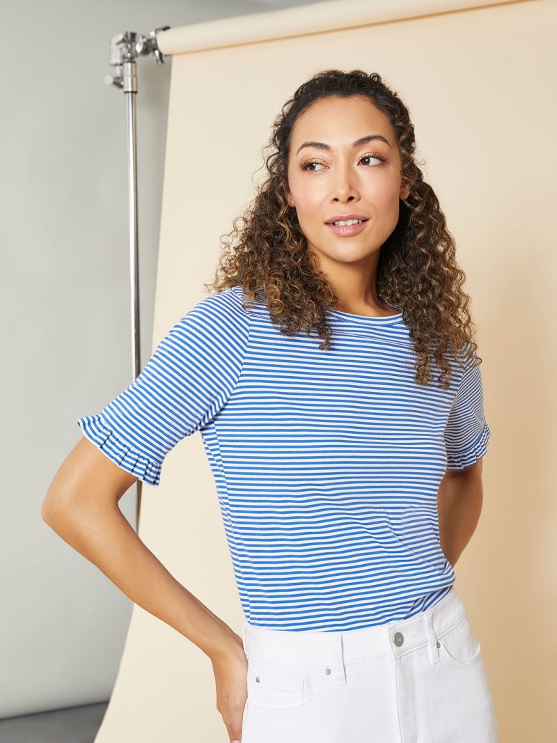 Ruffle Trim Sleeve Tee in the Color Light Sapphire/NYC White | Jones New York