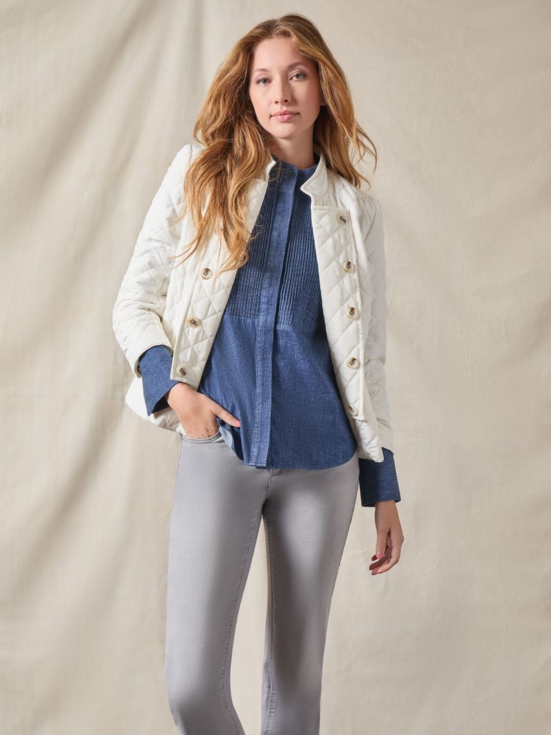 Quilted Button-Detail Military Band Jacket in the Color Jones White | Jones New York