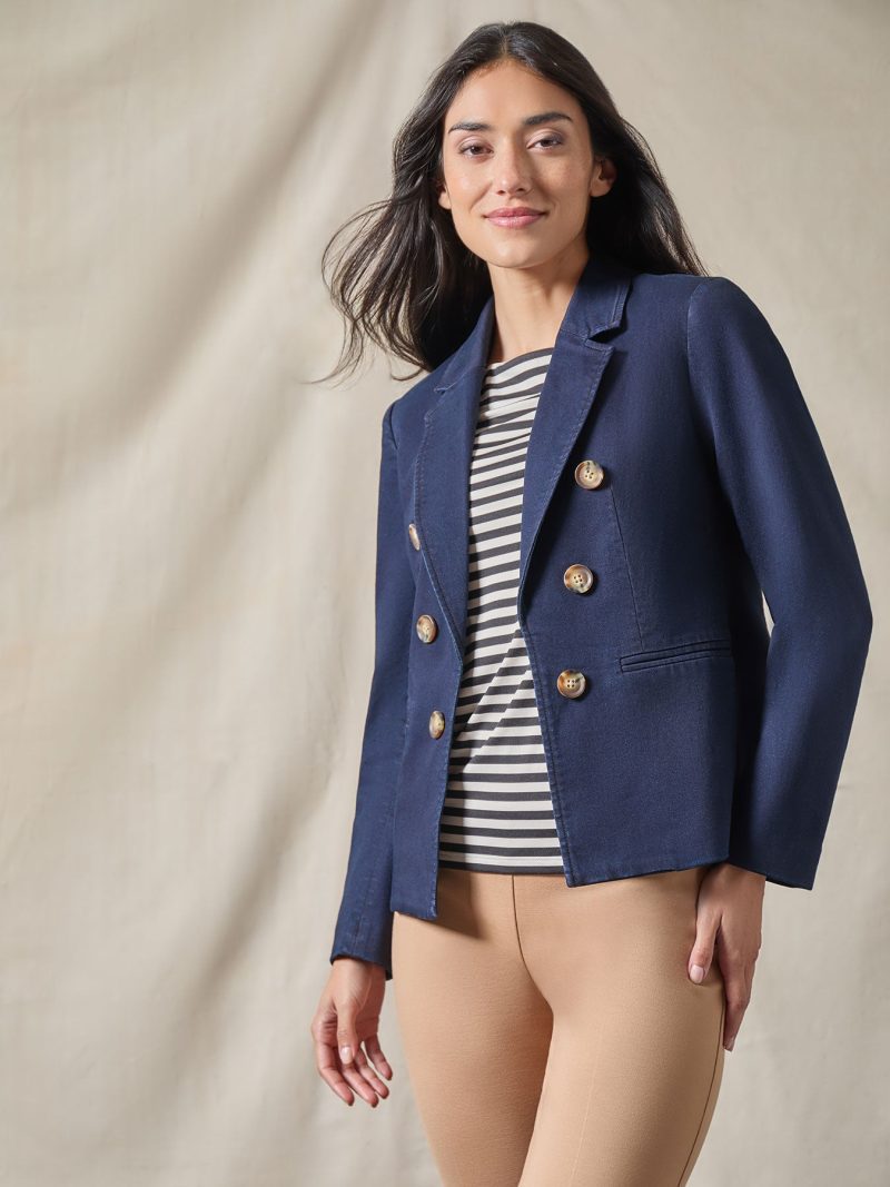 Petite Denim Faux Double-Breasted Jacket in the Color Indigo Rinse Wash | Jones New York