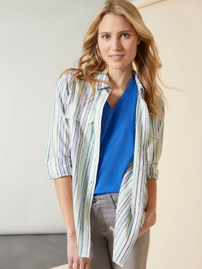 Satin Striped Utility Blouse in the Color NYC White/Kelly Multi | Jones New York