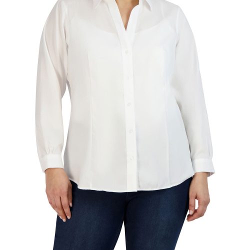 Plus Size Easy-Care Button-Up Shirt in the color White | Jones New York