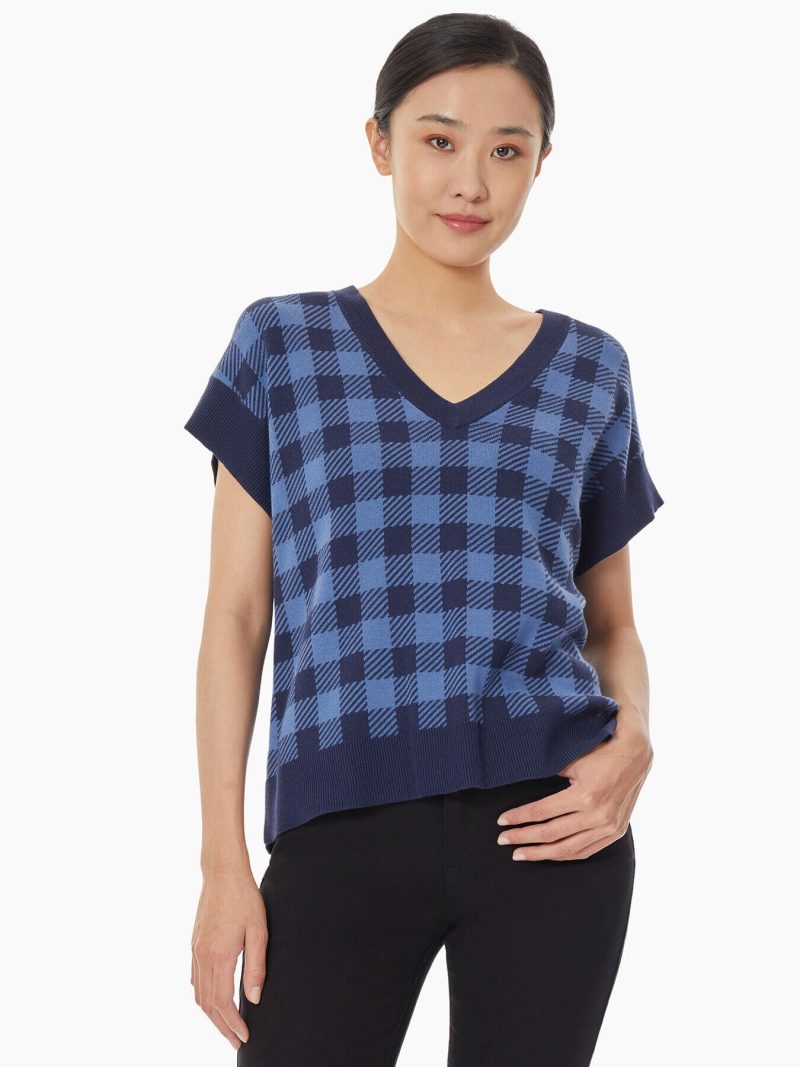 Gingham Jacquard Knit Sweater Vest in Color Collection Navy/Mineral Blue | Jones New York