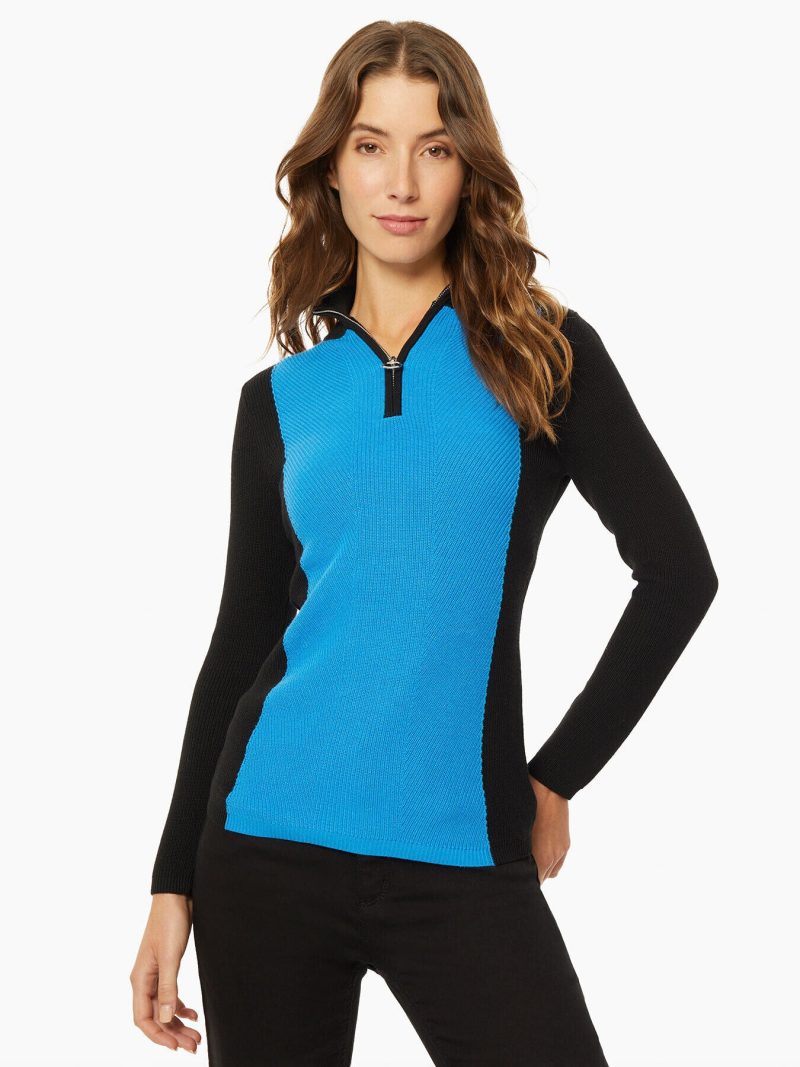 Two-Tone Quarter-Zip Ribbed Sweater in Color Jones Black/Electric Blue | Jones New York