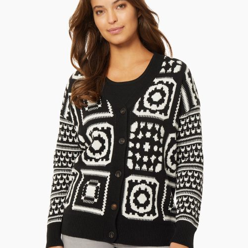 Patchwork Pattern Jacquard Boyfriend Cardigan in Color Jones Black/Jones White | Jones New York