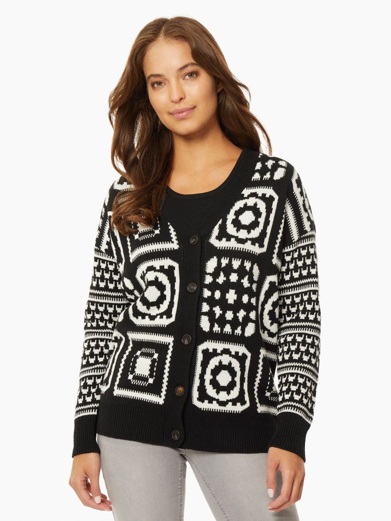 Patchwork Pattern Jacquard Boyfriend Cardigan in Color Jones Black/Jones White | Jones New York