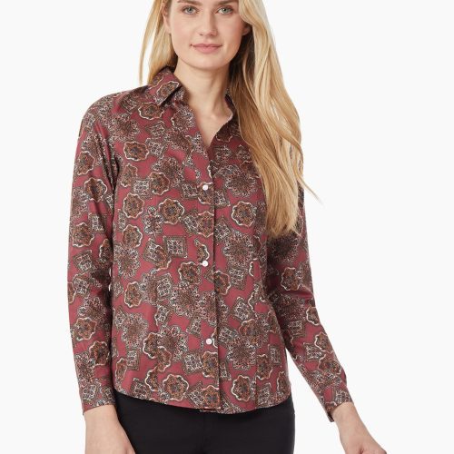 Y-Neck Button-Front Easy-Care Cotton Blouse in the Color Bordeaux Combo | Jones New York