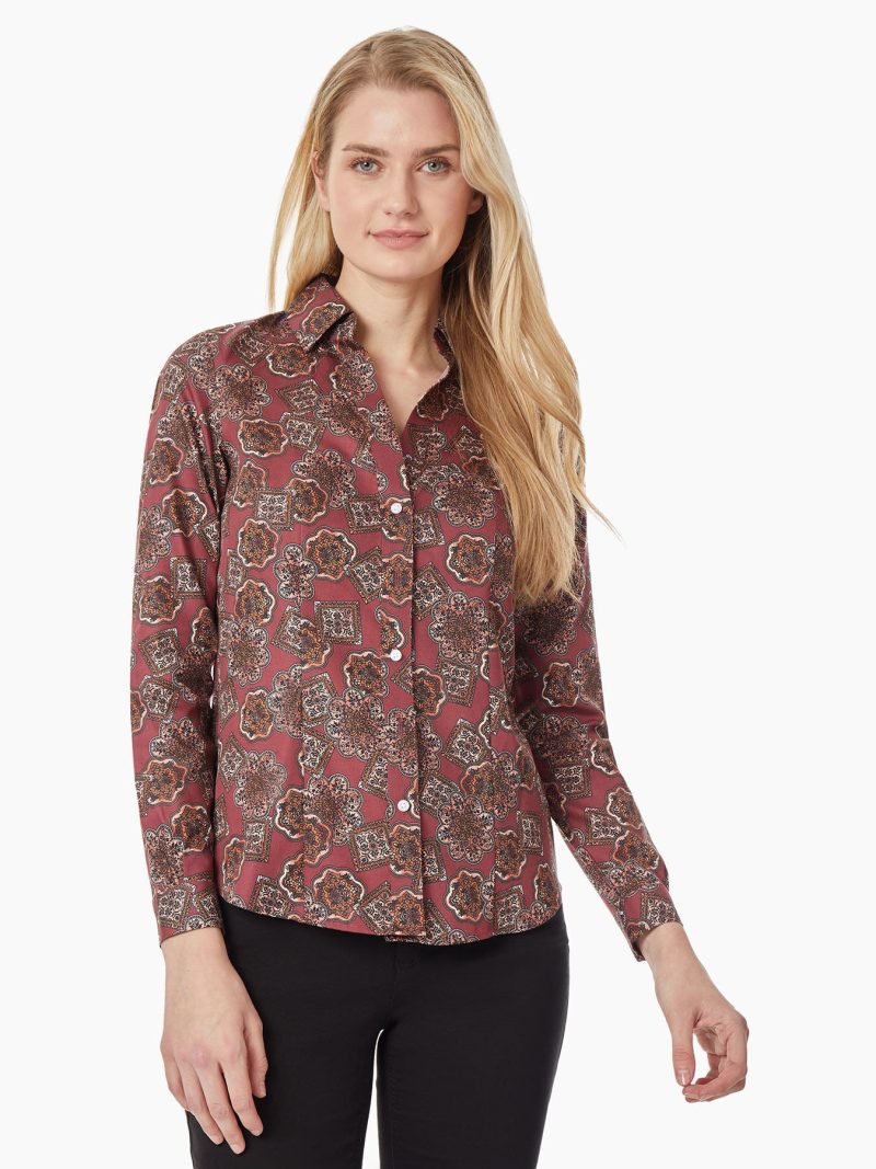 Y-Neck Button-Front Easy-Care Cotton Blouse in the Color Bordeaux Combo | Jones New York