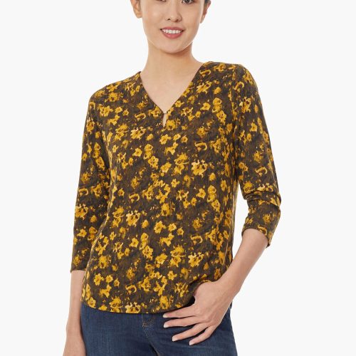 Floral Keyhole Neckline Top in Color Deep Loden/Jonagold Combo | Jones New York