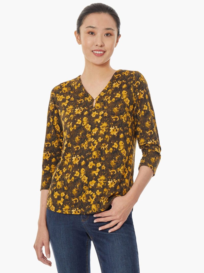 Floral Keyhole Neckline Top in Color Deep Loden/Jonagold Combo | Jones New York