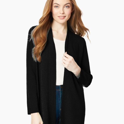 Plus Size Open-Front Ribbed Trim Knit Cardigan in the color Jones Black | Jones New York