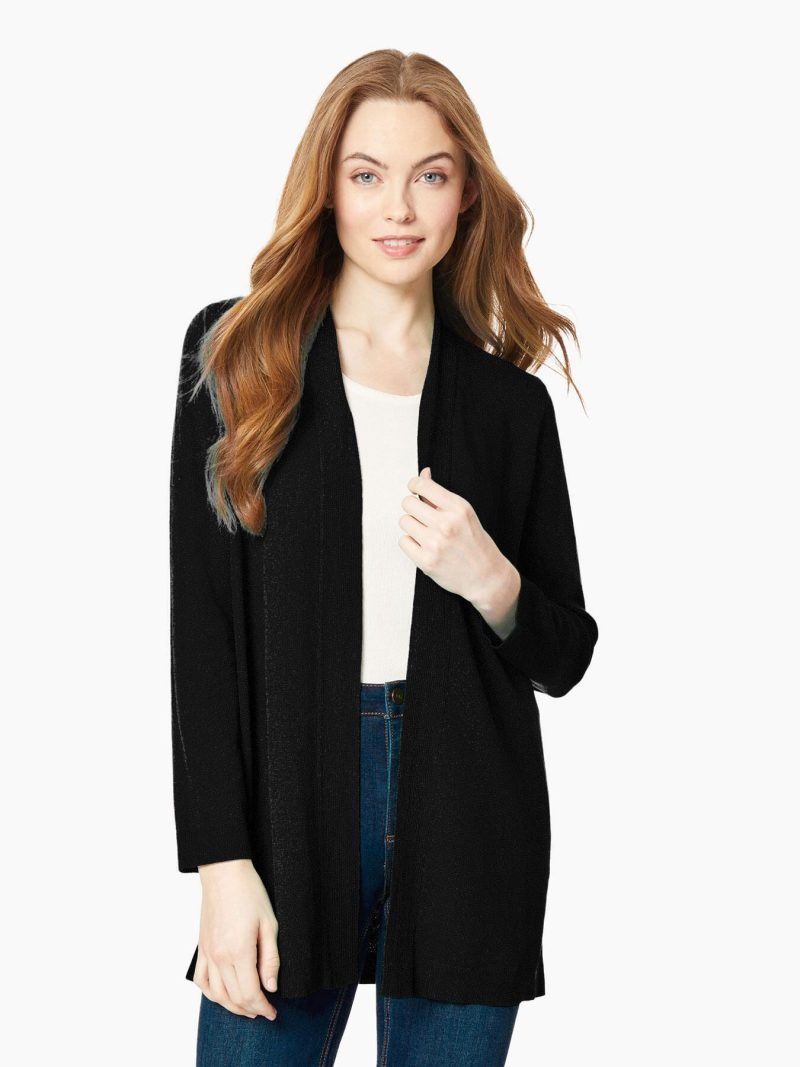 Plus Size Open-Front Ribbed Trim Knit Cardigan in the color Jones Black | Jones New York