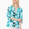 Linen-Blend V-Neck Tie-Sleeve Blouse in the color NYC White/Blue Grotto Multi | Jones New York