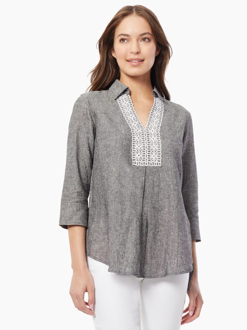 Collared Lace-Front Linen-Blend Blouse in the color Jones Black/NYC White | Jones New York