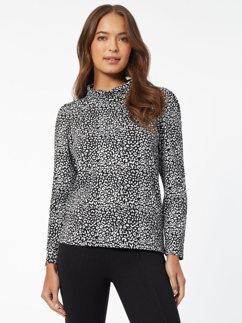 Leopard Print Puff-Sleeve Turtleneck Top in the Color Jones Black/NYC White | Jones New York