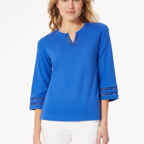 Lace Trim Long Sleeve Knit Top in the Color Lt Sapphire | Jones New York