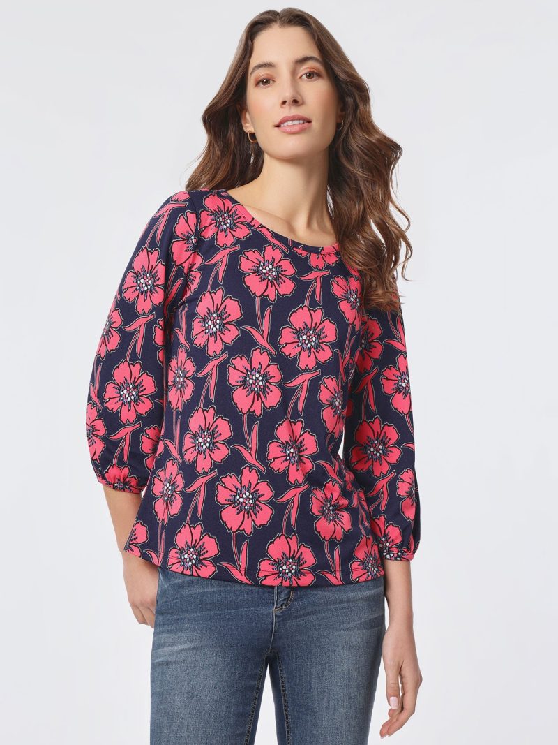 Printed Moss Crepe Puff Sleeve Top in the Color Pacific Navy/Fresh Guava | Jones New York