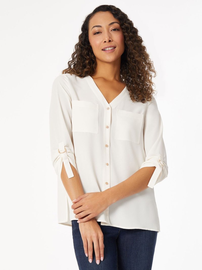 Jasper Crepe Collarless Tunic in the Color Jones White | Jones New York