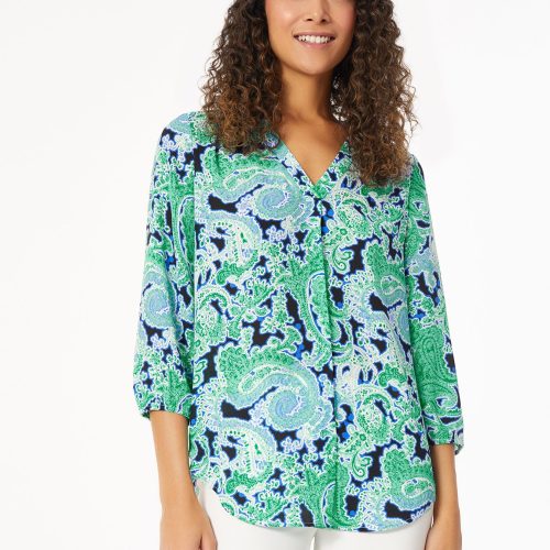 Printed V Neck Pleated Kelly Blouse in the Color Kelly | Jones New York