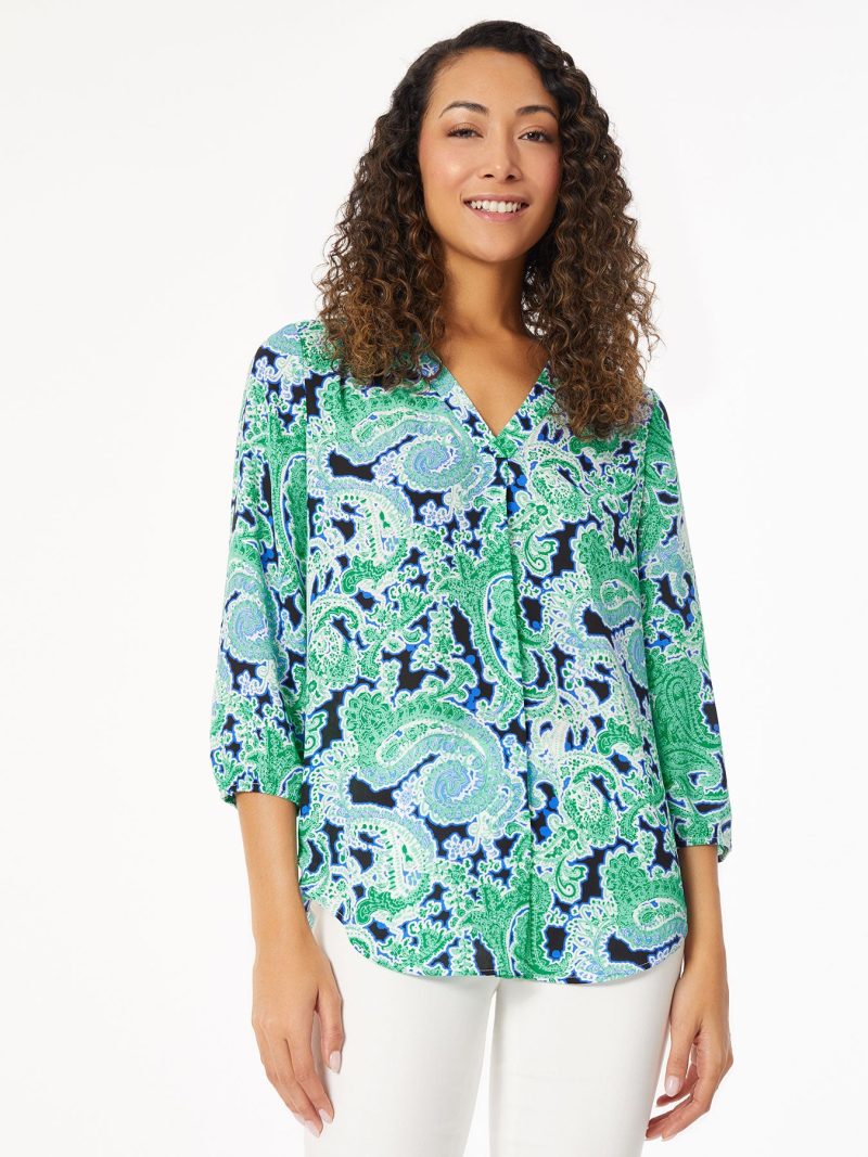 Printed V Neck Pleated Kelly Blouse in the Color Kelly | Jones New York