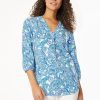 Linen V-Neck Pleated Kelly Blouse in the Color Light Sapphire Multi | Jones New York