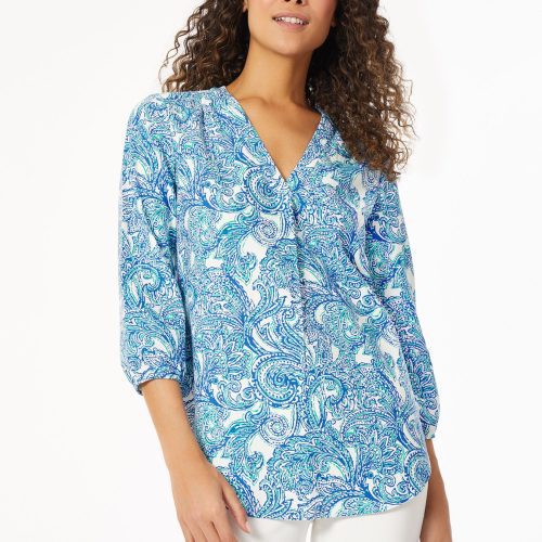 Plus Size Linen V-Neck Pleated Kelly Blouse in the Color Light Sapphire Multi | Jones New York