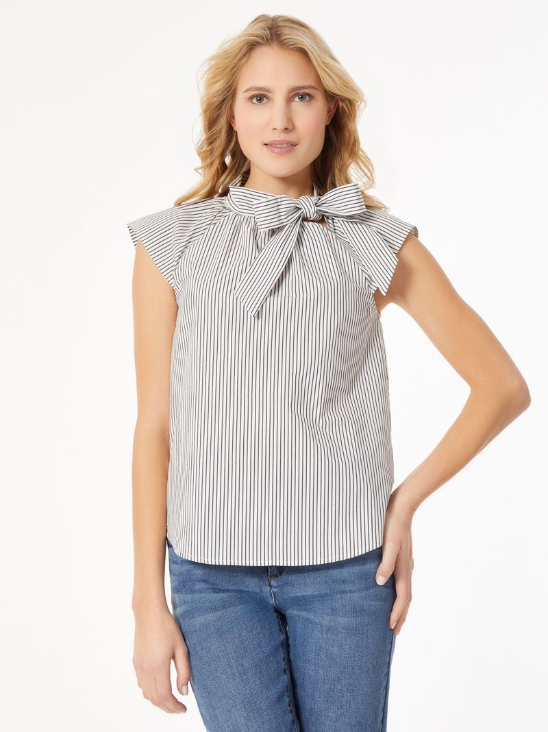 Stripe Bow Tie-Neck Blouse in the Color Jones Black/NYC White | Jones New York