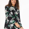 Floral Satin Popover Tunic in the Color Jones Black/Kelly Multi | Jones New York