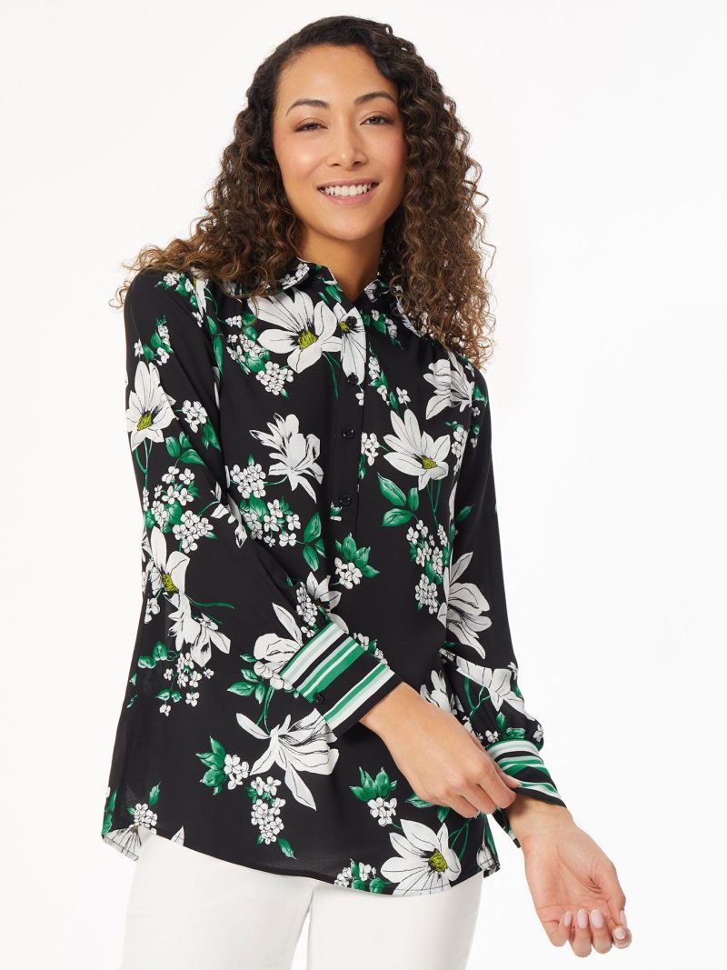 Floral Satin Popover Tunic in the Color Jones Black/Kelly Multi | Jones New York