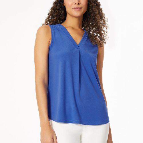 Solid Sleeveless Pleat Front Moss Crepe Top in the Color Lt Sapphire | Jones New York