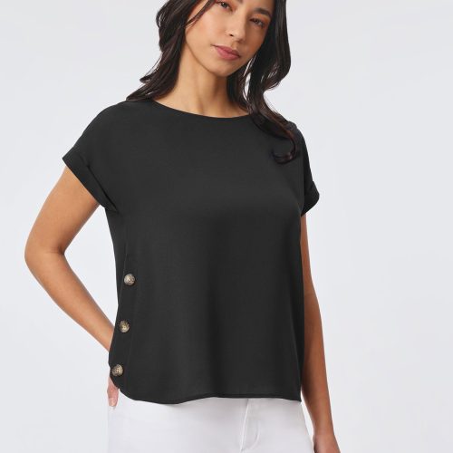 Jasper Crepe Button Detail Blouse in the Color Jones Black | Jones New York