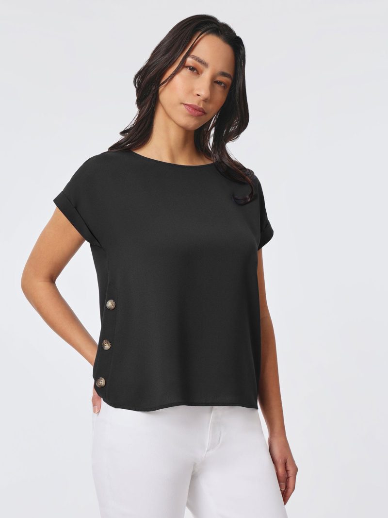 Jasper Crepe Button Detail Blouse in the Color Jones Black | Jones New York