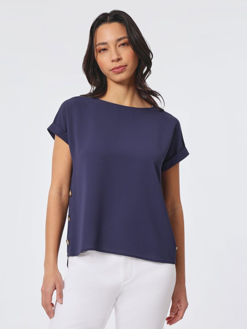 Jasper Crepe Button Detail Blouse in the Color Pacific Navy | Jones New York