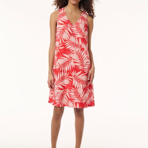 Sleeveless Trapeze Dress, Printed Linen in the Color Coral Sun Multi | Jones New York