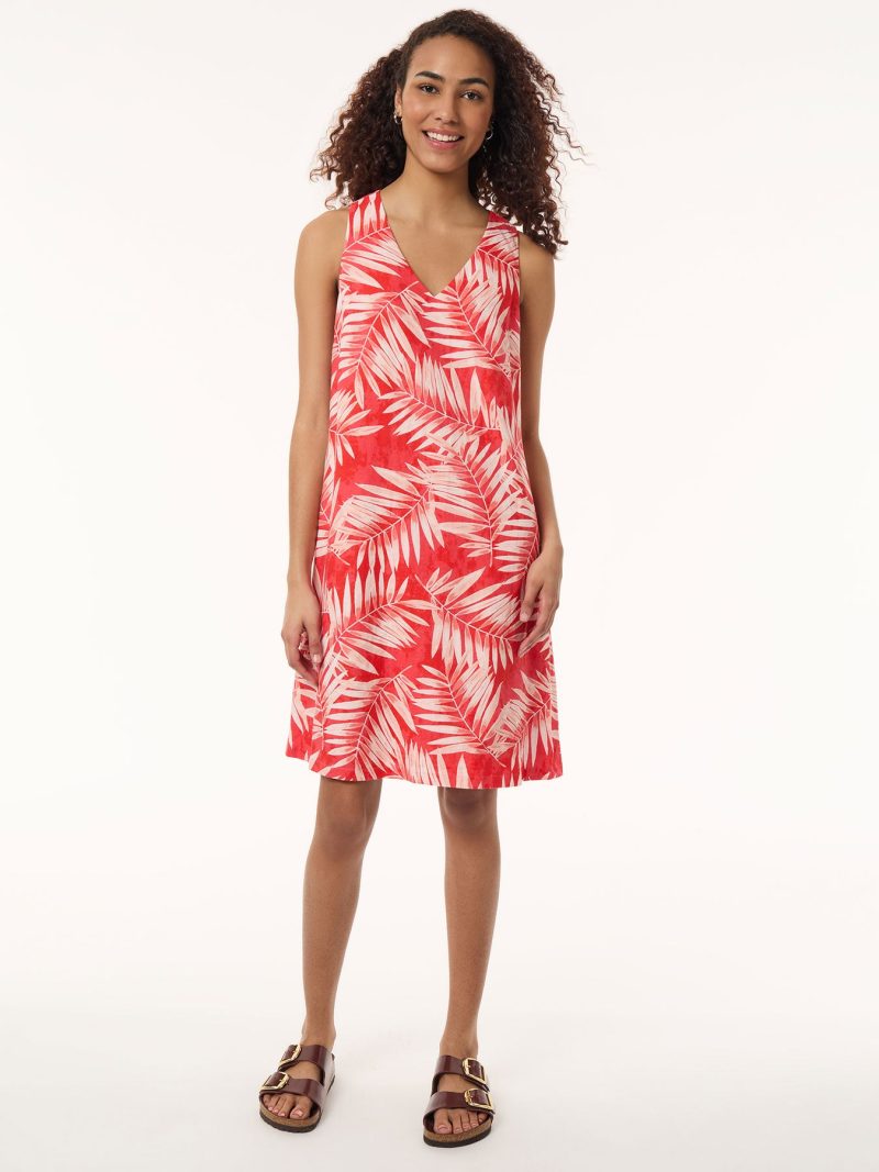 Sleeveless Trapeze Dress, Printed Linen in the Color Coral Sun Multi | Jones New York