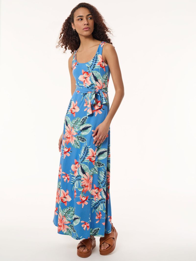 Maxi Tank Dress, Printed Moss Crepe in the Color Blue Lagoon Multi | Jones New York