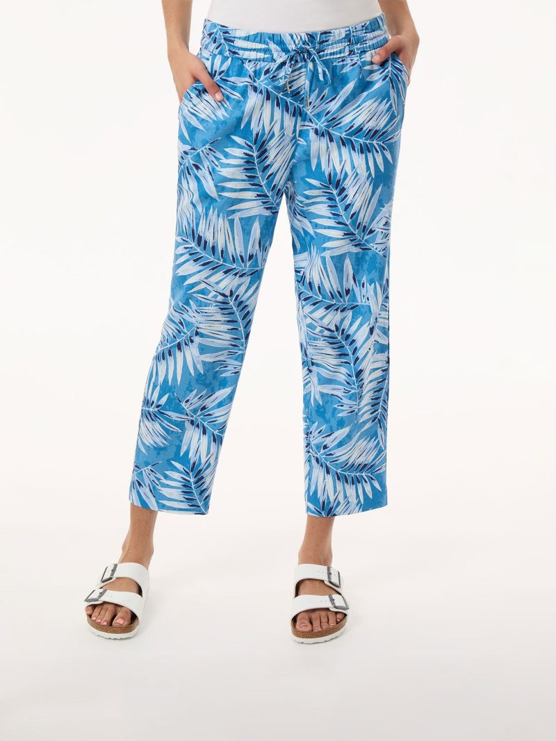 Pull On Drawstring Cropped Trouser, Printed Linen in the Color Blue Lagoon Multi | Jones New York