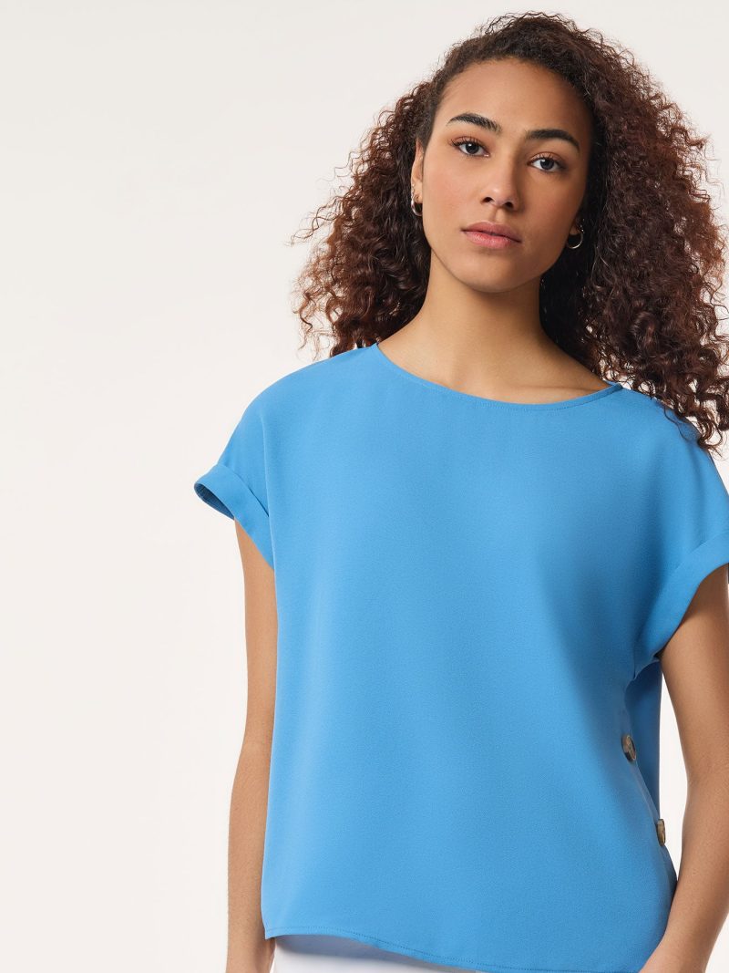 Button Detail Blouse, Jasper Crepe in the Color Blue Lagoon | Jones New York