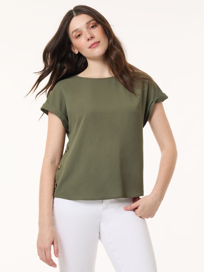 Button Detail Blouse, Jasper Crepe in the Color Jasper Green | Jones New York