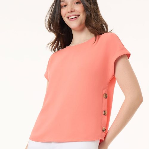 Button Detail Blouse, Jasper Crepe in the Color Coral Sun | Jones New York