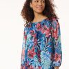 Floral Smocked High Neckline Blouse in the Color Pacific Navy Multi | Jones New York