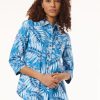 Button Front Tropical Shirt, Printed Linen in the Color Blue Lagoon Multi | Jones New York