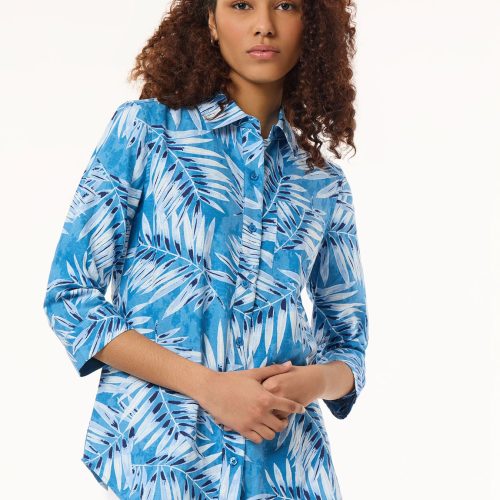 Button Front Tropical Shirt, Printed Linen in the Color Blue Lagoon Multi | Jones New York