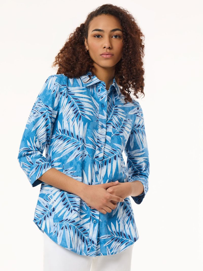 Button Front Tropical Shirt, Printed Linen in the Color Blue Lagoon Multi | Jones New York