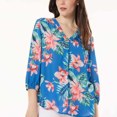 Printed V-Neck Kelly Blouse, Crepe de Chine in the Color Blue Lagoon Multi | Jones New York