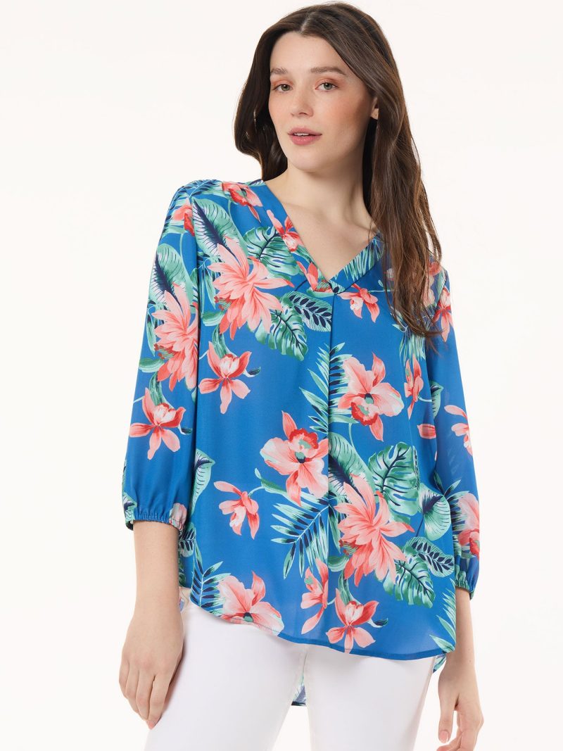 Printed V-Neck Kelly Blouse, Crepe de Chine in the Color Blue Lagoon Multi | Jones New York