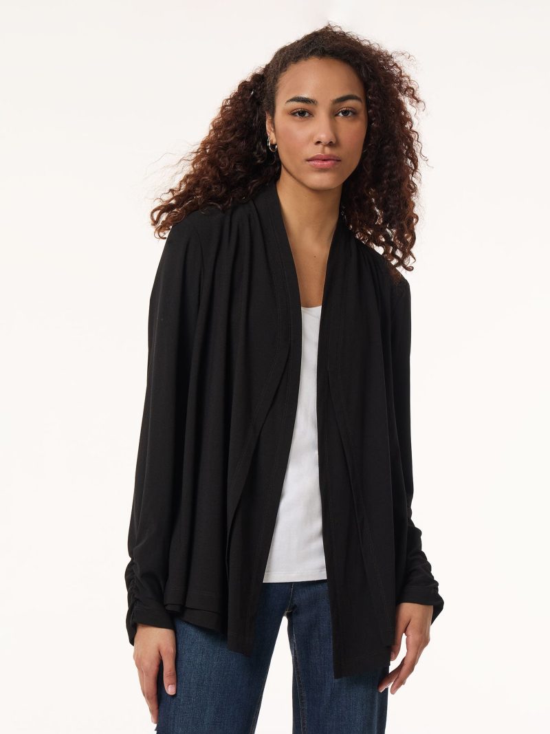 Long Sleeve Double Layer Cardigan, Solid Moss Crepe in the Color Jones Black | Jones New York