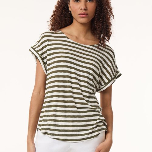 Extent Shoulder Jewel Neck Top, Sedona Striped Knit in the Color Jasper Green/Jones White | Jones New York