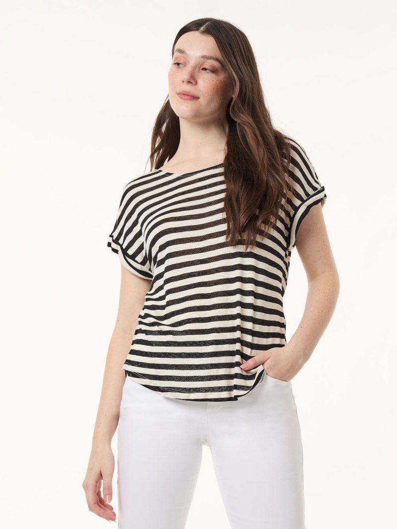 Extent Shoulder Jewel Neck Top, Sedona Striped Knit in the Color Jones Black/Jones White | Jones New York