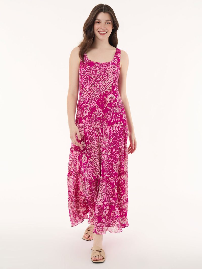 Petite Paisley Multi-Tiered Dress, Chiffon Yoryu in the Color Bright Orchid/Beigestone Multi | Jones New York